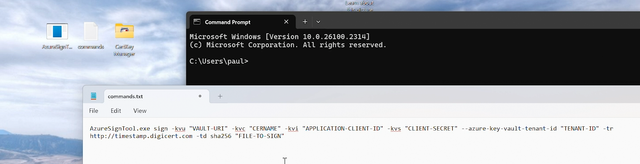 Microsoft Command Prompt and a text editor window open