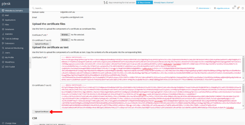 plesk upload certificate