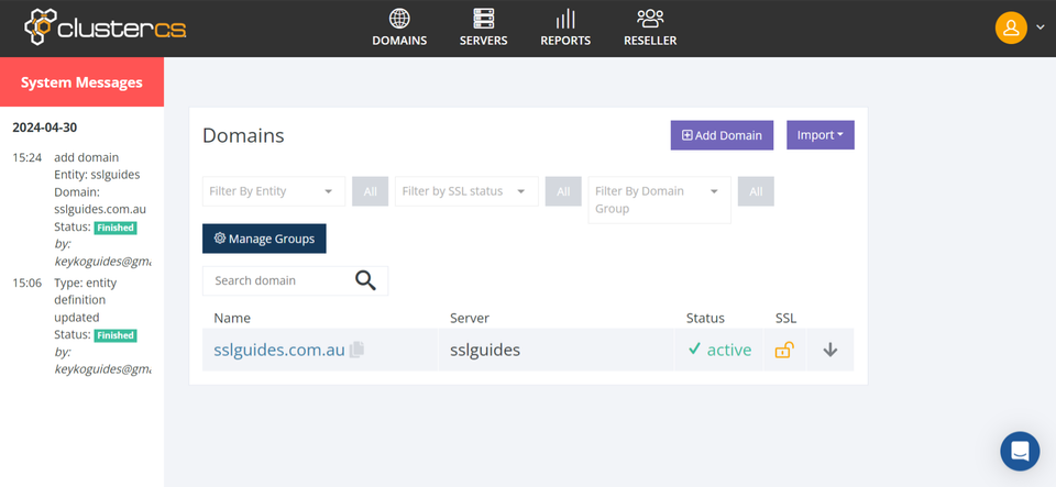 ClusterCS Domains dashboard