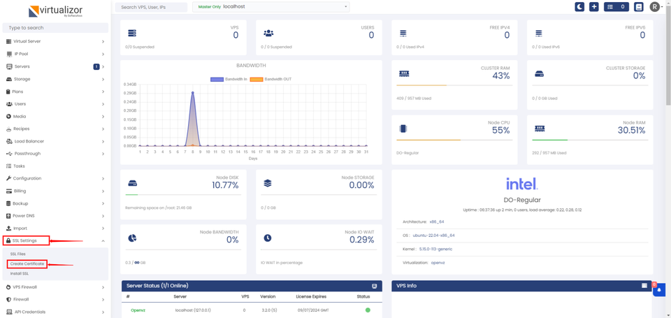 Virtualizor SSL Settings - Create New CSR