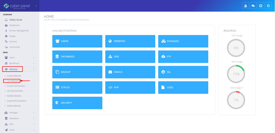 CyberPanel Dashboard List Websites
