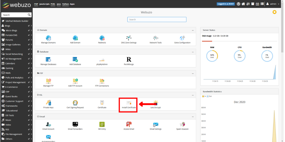 Webuzo install ssl dashboard